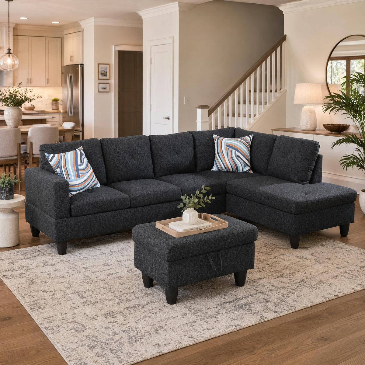 97.5" Leather L Shaped Couch with Left Chaise & Cup Holder, Sectional Sofas Modular Furniture Set with Storage Ottoman, Convertible Couches for Living Room, Office & Small Space (Black)