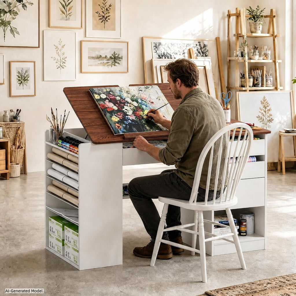 Adjustable Drafting Table with Storage & Removable Shelves
