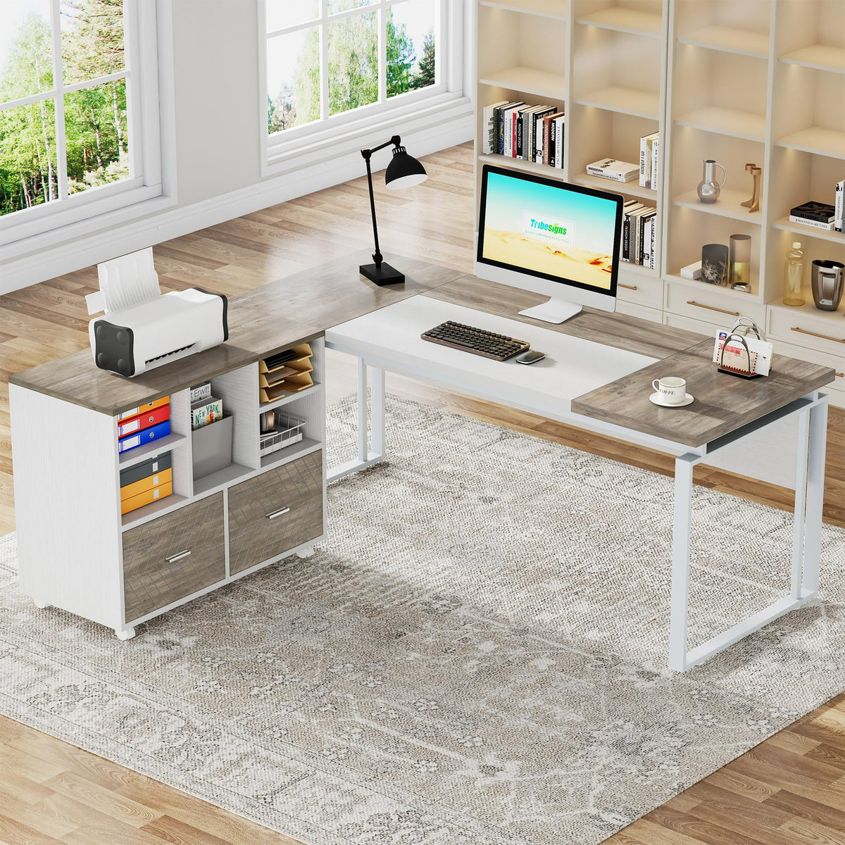 Tribesigns L-Shaped Executive Desk with Reversible File Cabinet, 63" Office Desk with Storage Drawers, Computer Desk Set (Oak Karo & White)