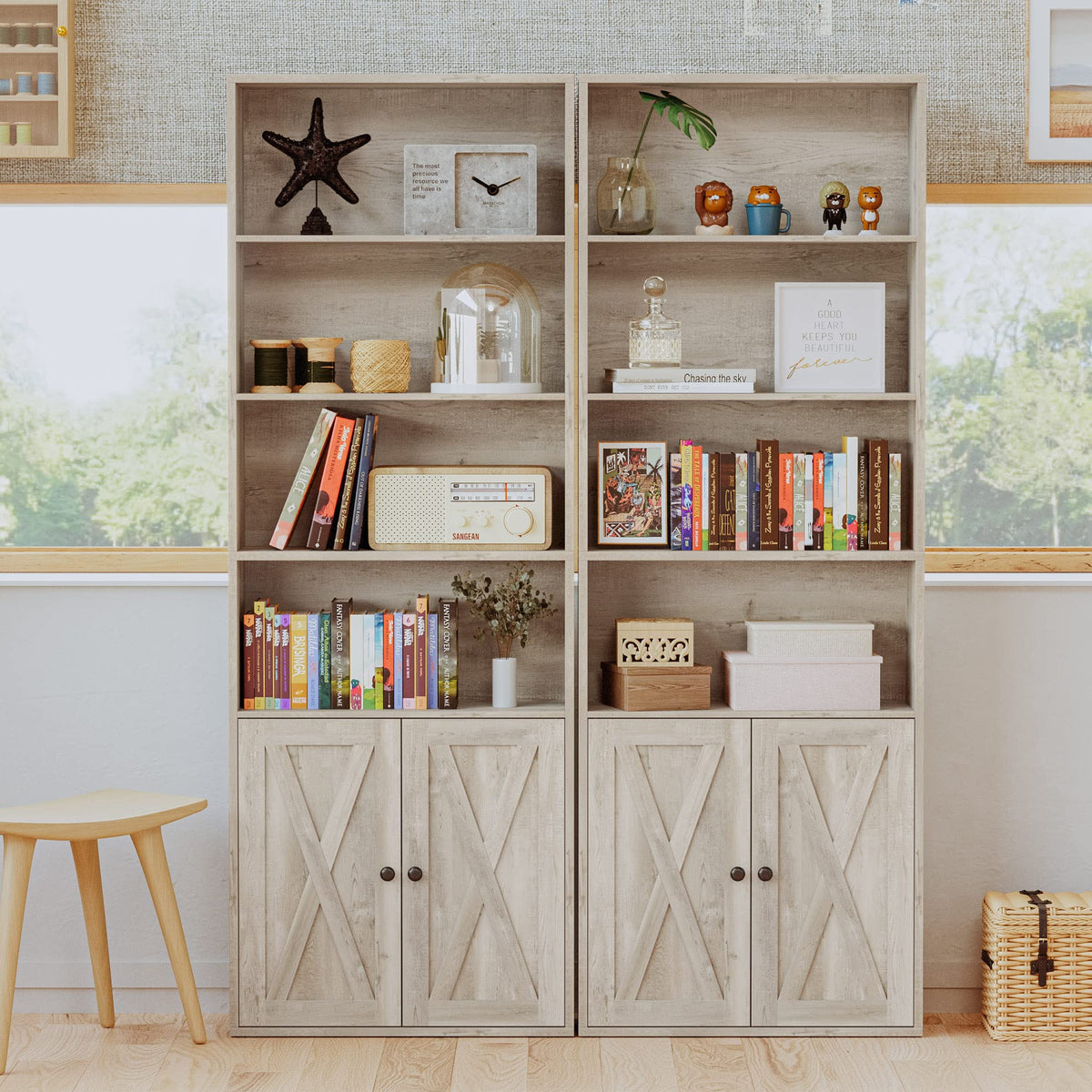 IRONCK Industrial Bookshelves and Bookcases with Doors Floor Standing 6 Shelf Display Storage Shelves 70 in Tall Bookcase for Home Office, Living Room