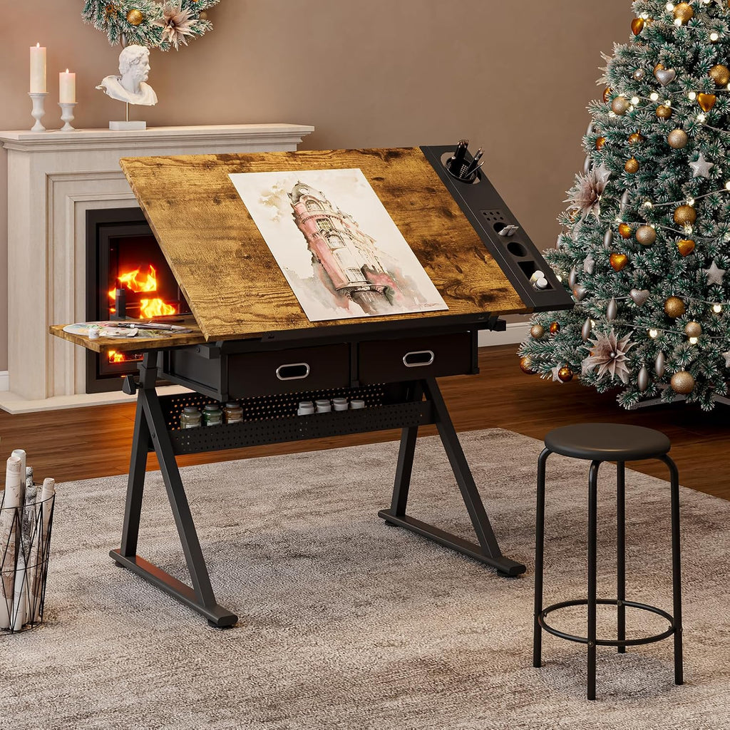 Height Adjustable Tilt Drafting Table with 2 Storage Drawers & Stool Brown