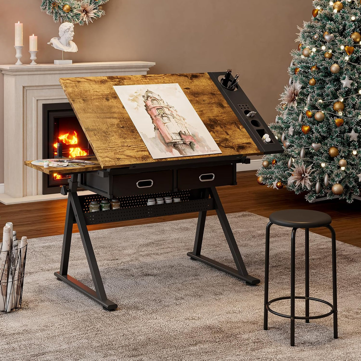 Height Adjustable Tilt Drafting Table with 2 Storage Drawers & Stool Brown