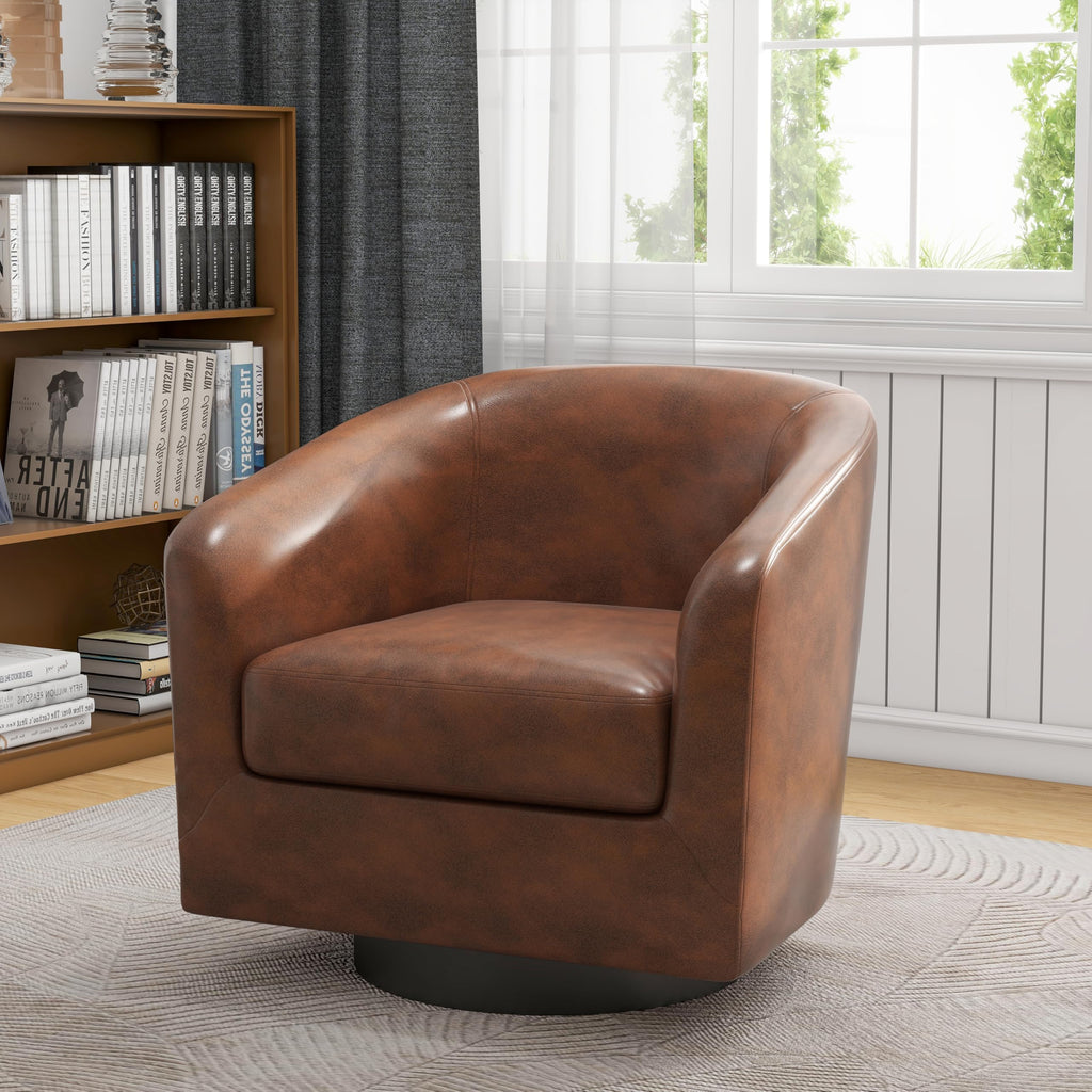 Faux Leather Swivel Accent Chairs Set of 2, Barrel Armchair, Brown