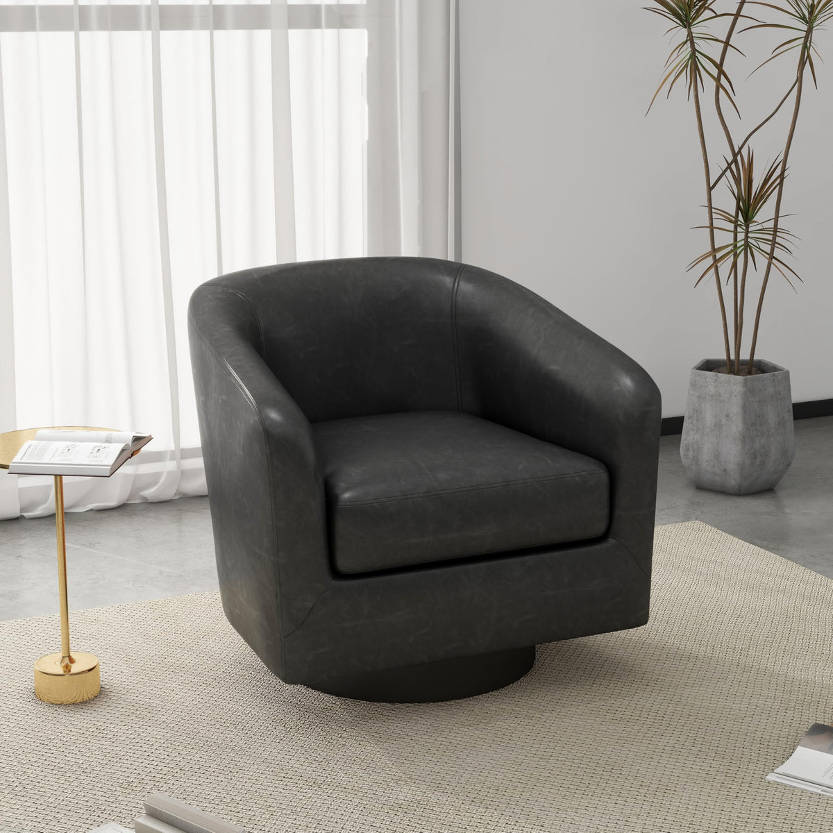 Faux Leather Swivel Accent Chairs Set of 2, Barrel Armchair, Brown