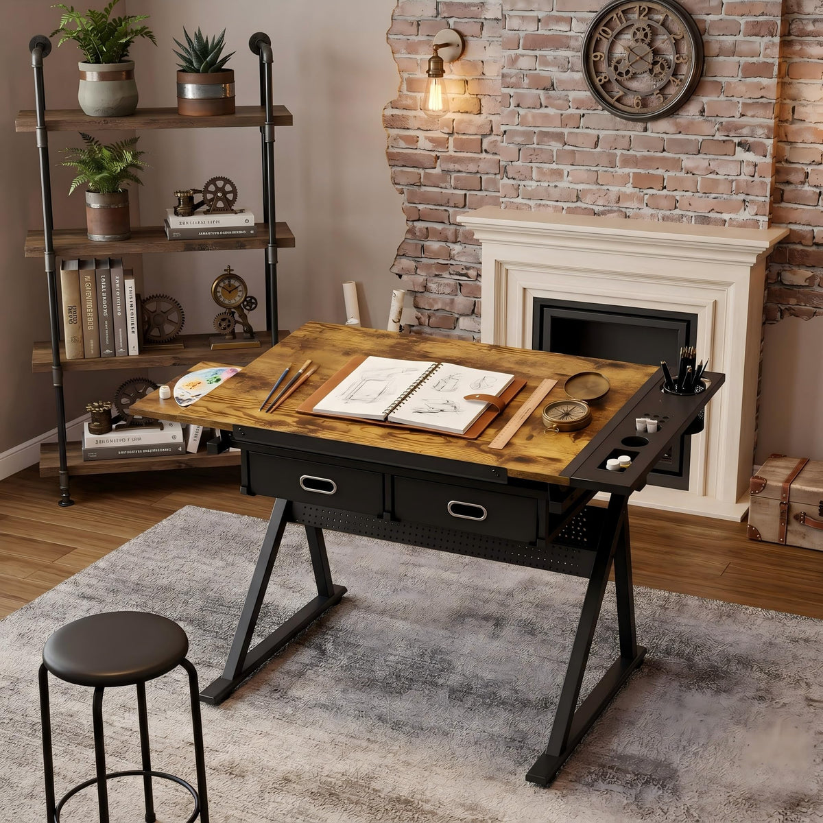 Adjustable Drawing Table with 3 Drawers & Stool, for Art & Work