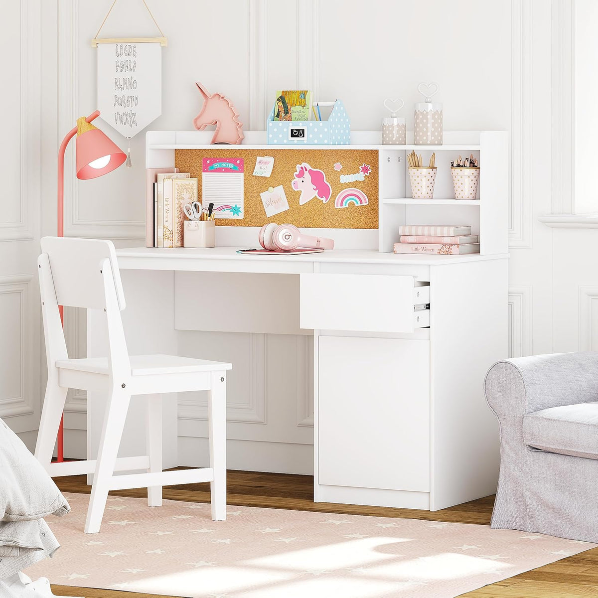 UTEX Wooden Kids Desk and Chair Set with Hutch and Storage for Ages 5-12