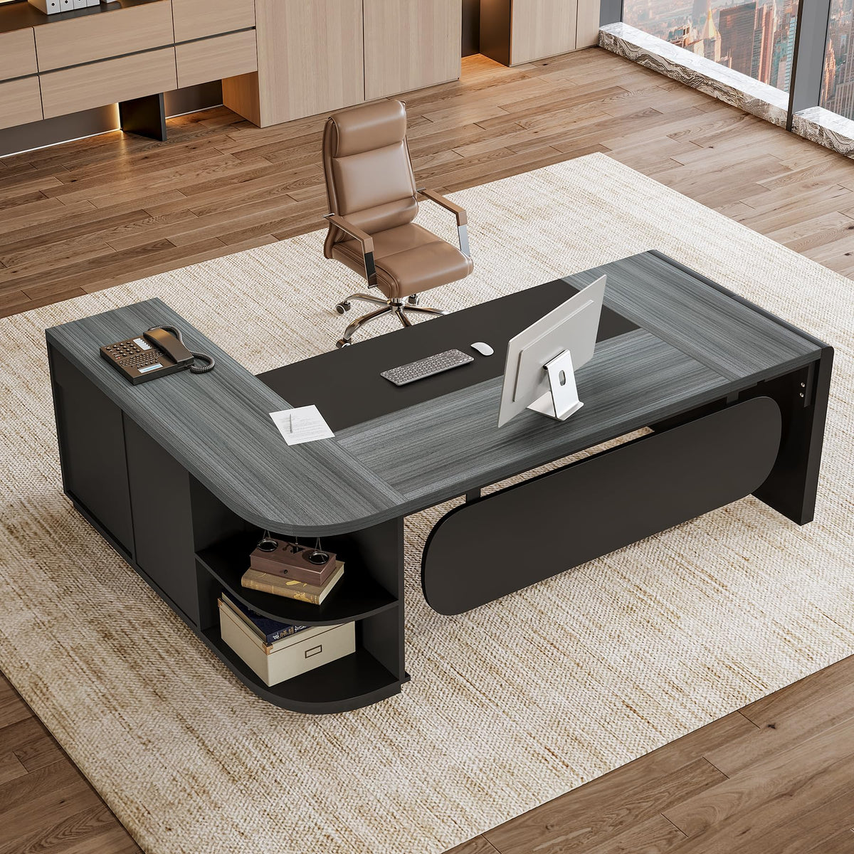 Tribesigns 81-Inch L-Shaped Office Desk, Large Commercial Office Desk with Drawers and File Cabinet, Modern Professional Business Furniture Workstations with Storage Shelves, Brown & Black