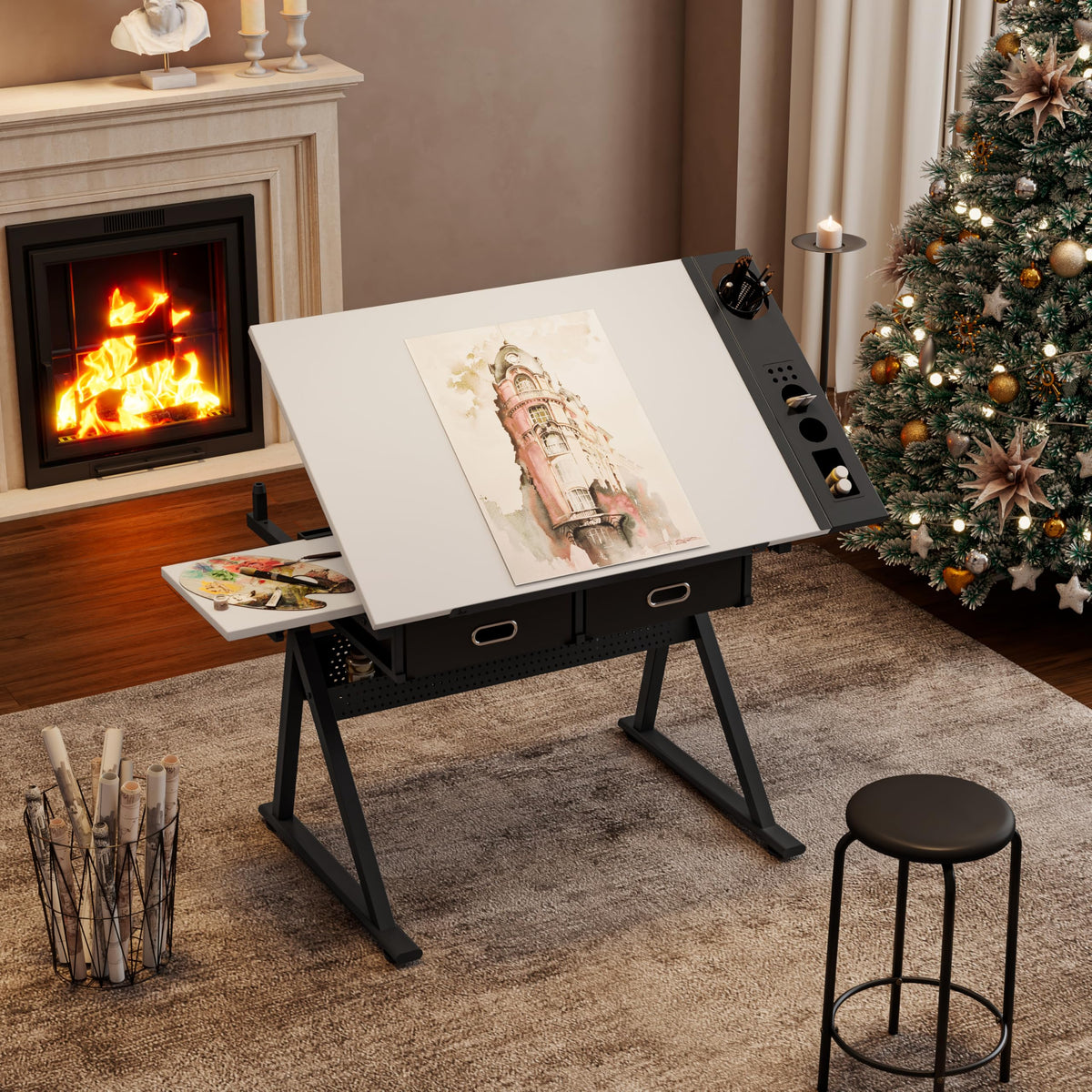 Height Adjustable Drafting Art Table for Adults, White Tempered Glass Drafting Drawing Printing Table Desk with Stool, 0-75Â° Tilting Tabletop Art Drawing Table for Drawing,Hand Crank