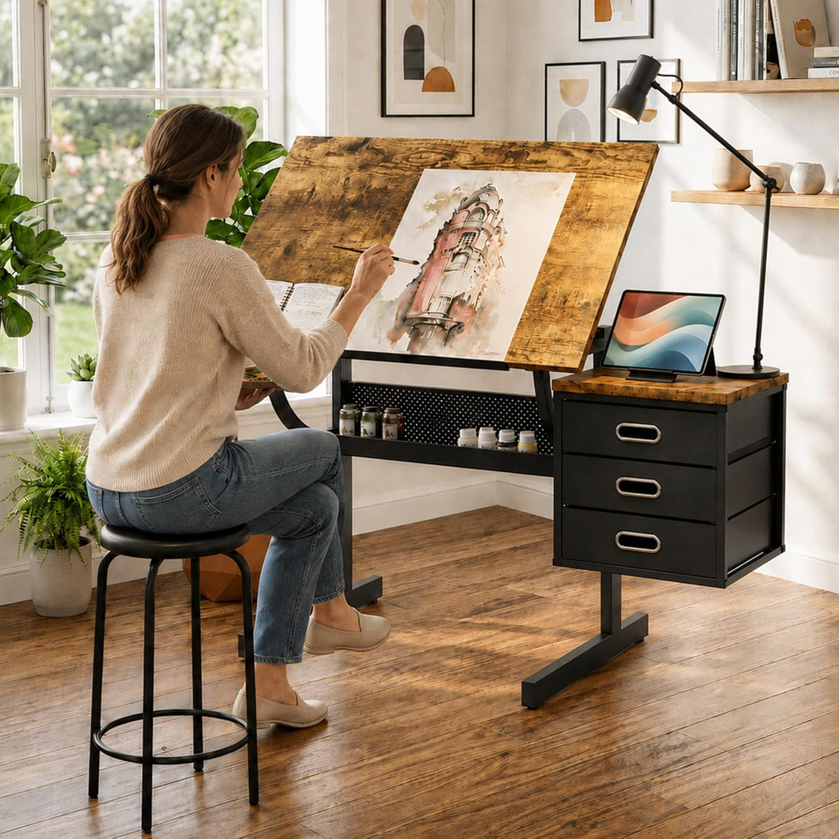 Adjustable Drawing Table with 3 Drawers and Stool, Black