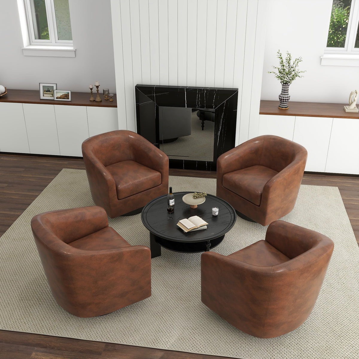 Faux Leather Swivel Accent Chairs Set of 2, Barrel Armchair, Brown
