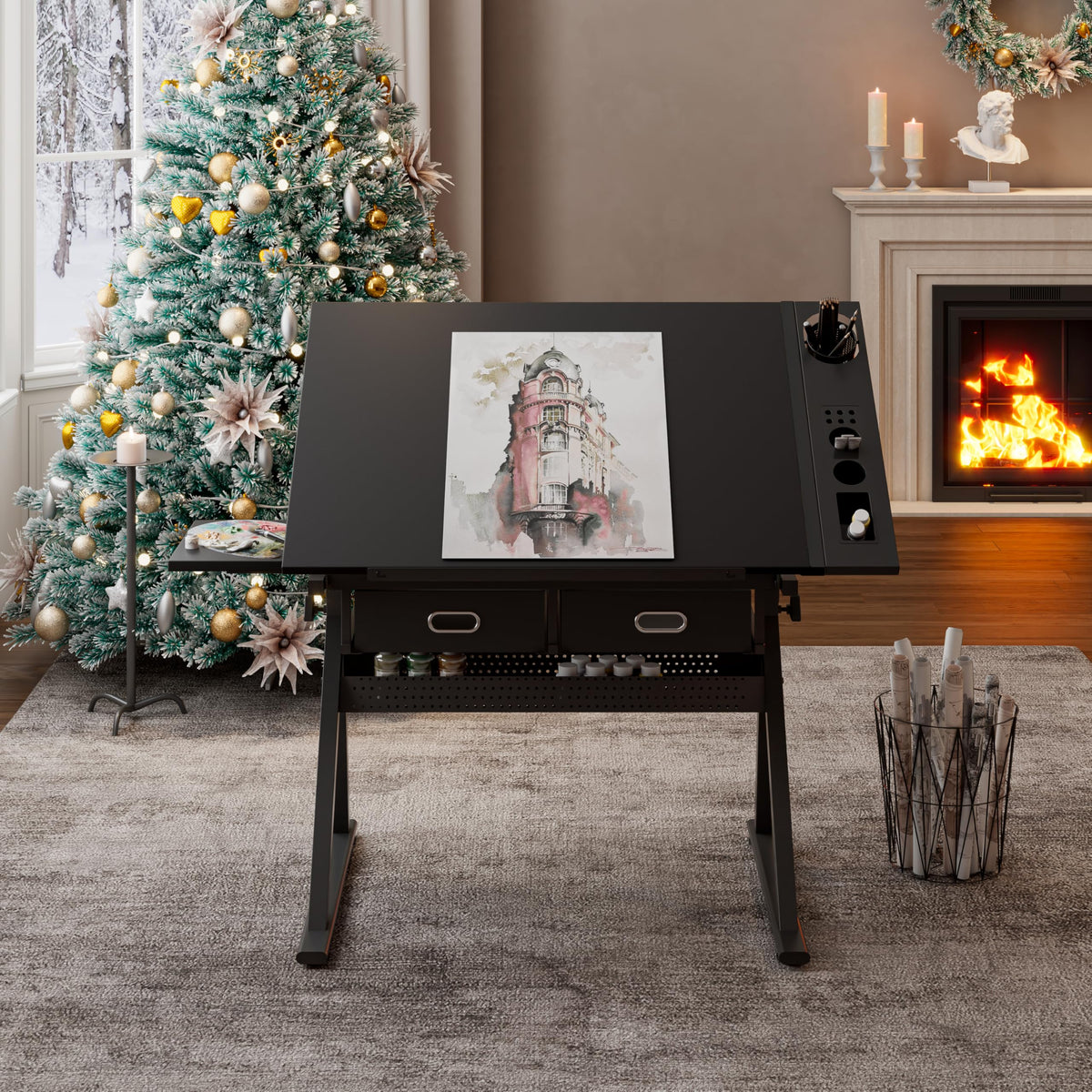 White Drafting Table with Stool, Height Adjustable Art Craft Desk with Tilting Tempered Glass Tabletop, Expansion Board, Multi-Storage, Drawing Table for Studio, Artists, Home Office, Painters, White