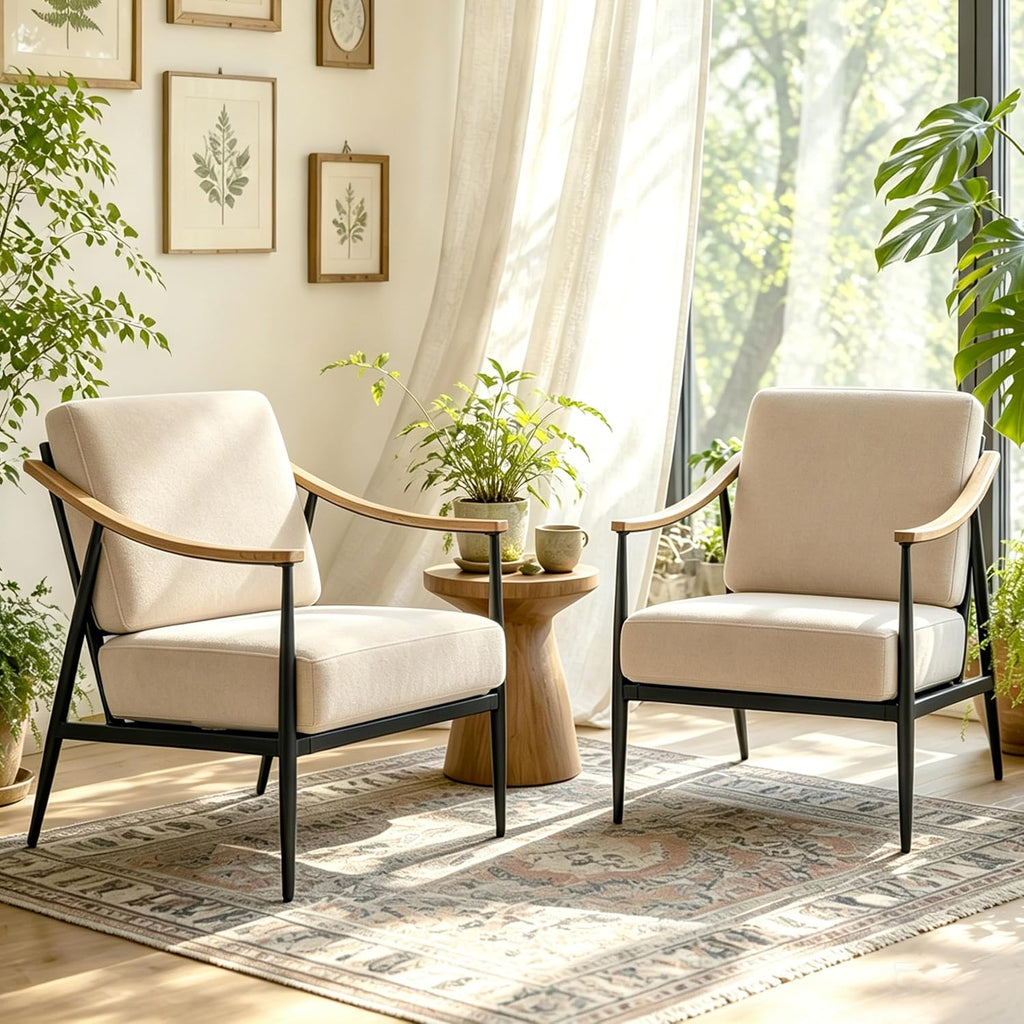 RNKSFX Modern Accent Chairs Set of 2 for Living Room Bedroom Mid Century Arm Chairs Upholstered Office Accent Chairs Comfy Waiting Room Chairs with Metal Frame, Beige