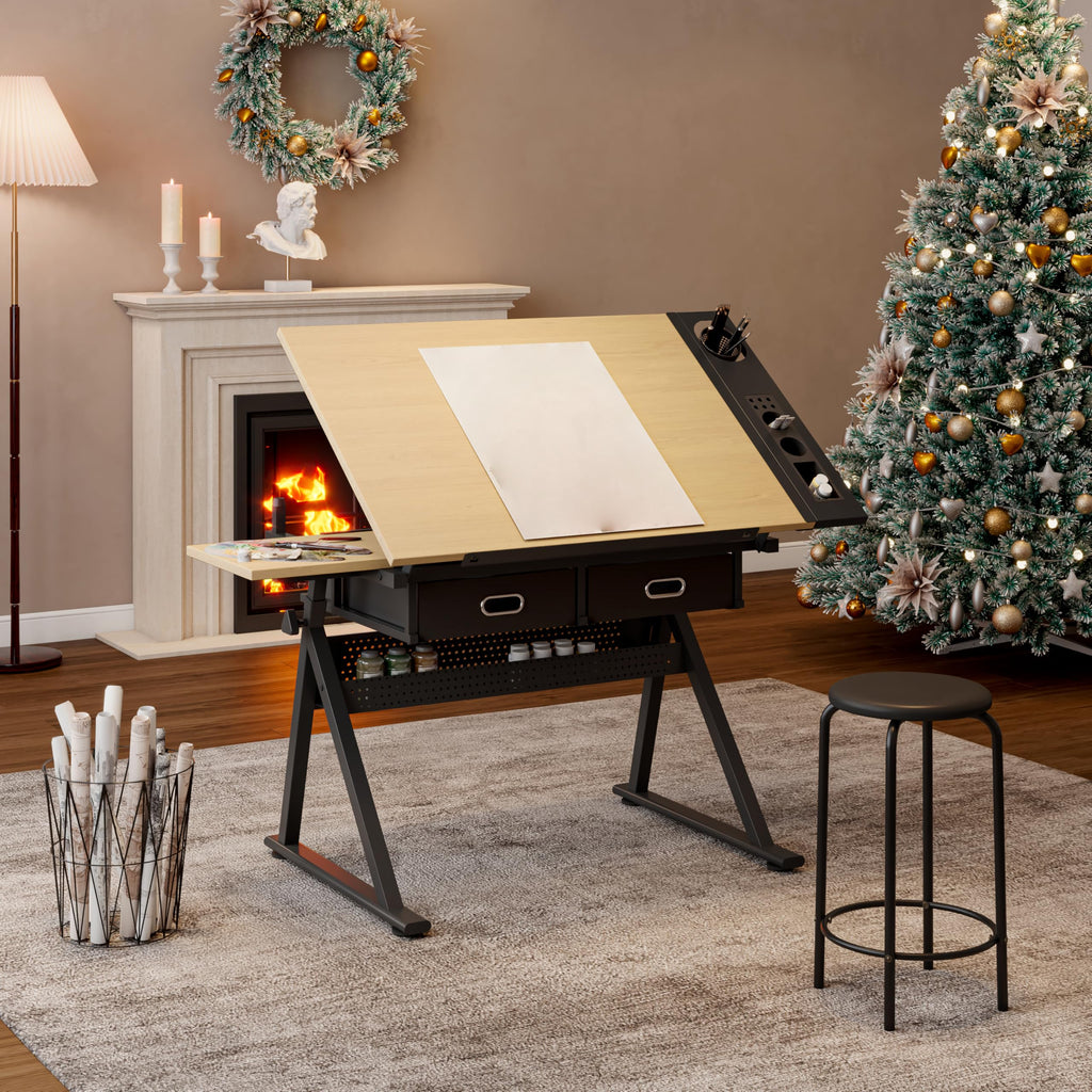 Adjustable Drafting Table with Stool, 0-75Â° Tilting Art Desk, White