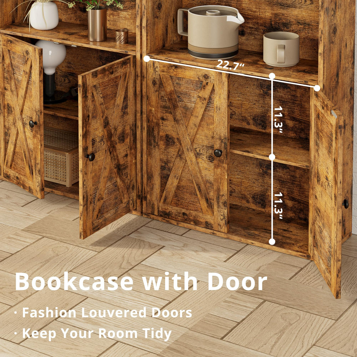 IRONCK Industrial Bookshelves and Bookcases with Doors Floor Standing 6 Shelf Display Storage Shelves 70 in Tall Bookcase for Home Office, Living Room