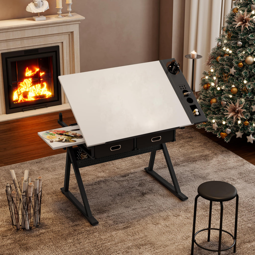 Adjustable Drafting Table with Stool, 0-75Â° Tilting Art Desk, White