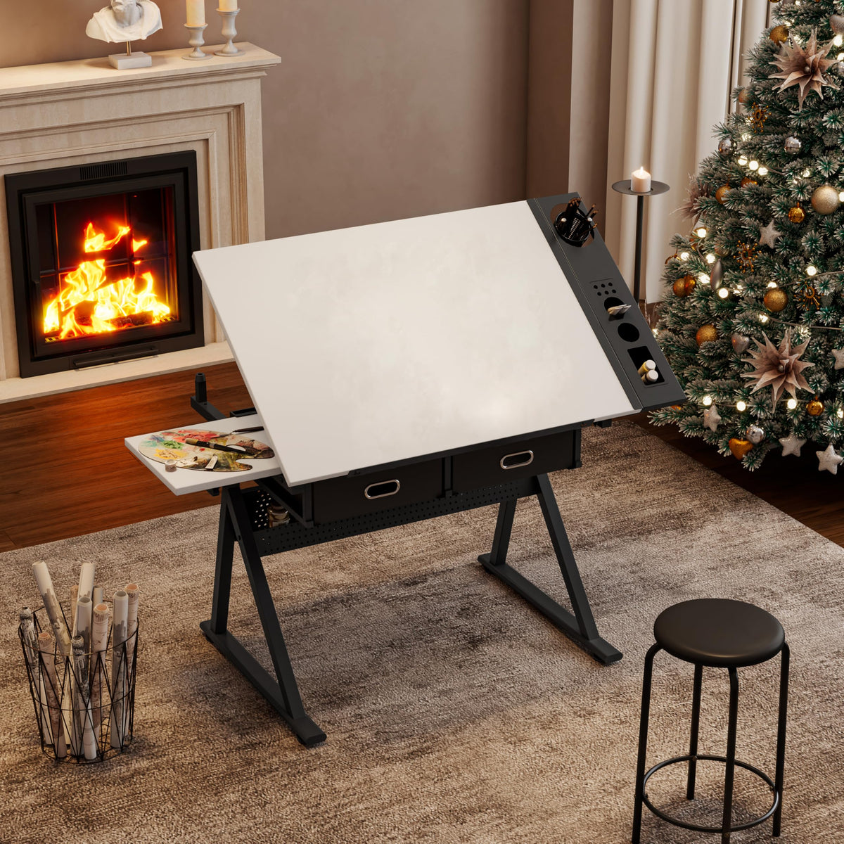 Adjustable Drafting Table with Stool, 0-75Â° Tilting Art Desk, White