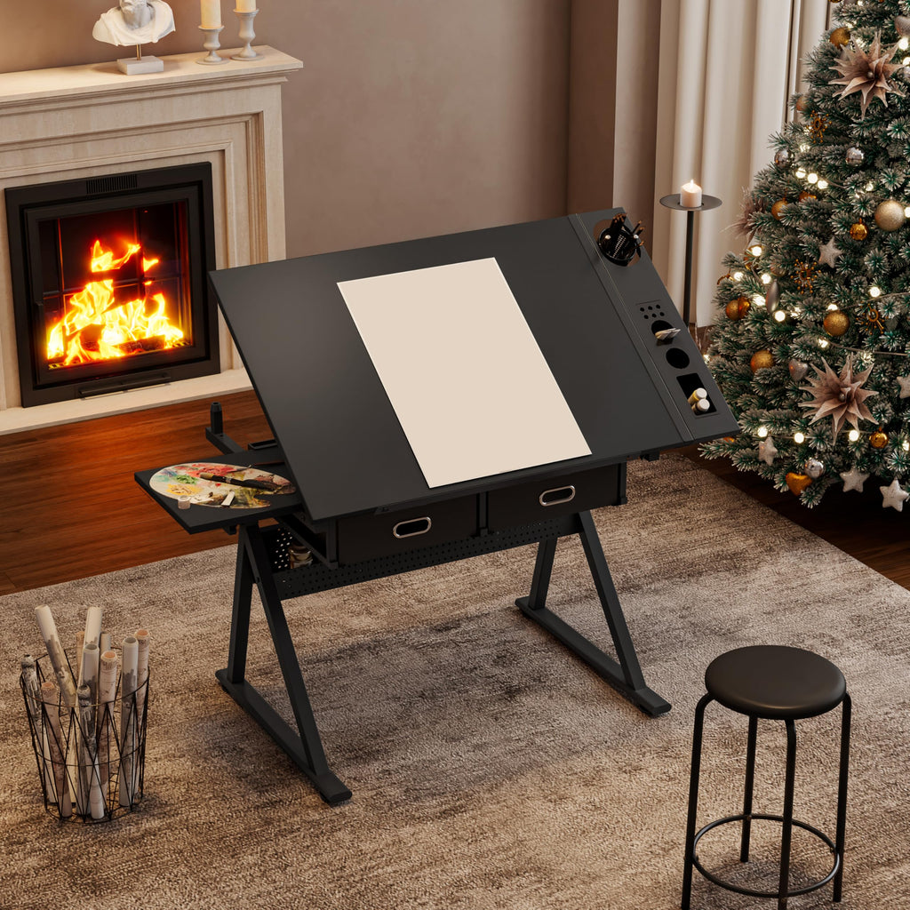 Adjustable Drafting Table with Stool, 0-75Â° Tilting Art Desk, White
