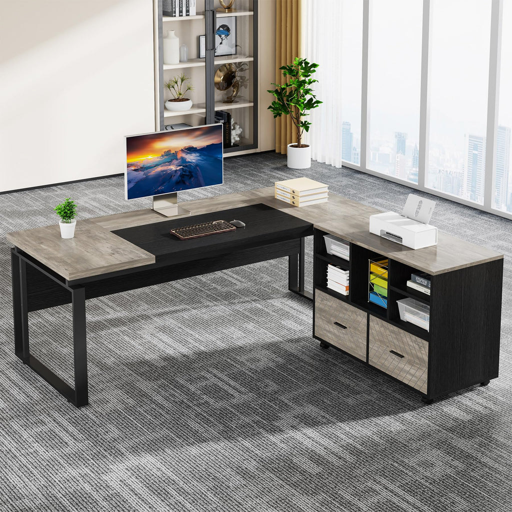 Tribesigns L-Shaped Executive Desk with Reversible File Cabinet, 63" Office Desk with Storage Drawers, Computer Desk Set (Oak Karo & White)