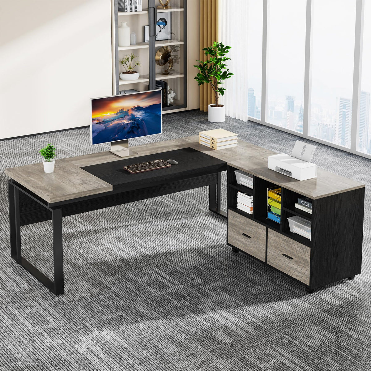 Tribesigns L-Shaped Executive Desk with Reversible File Cabinet, 63" Office Desk with Storage Drawers, Computer Desk Set (Oak Karo & White)