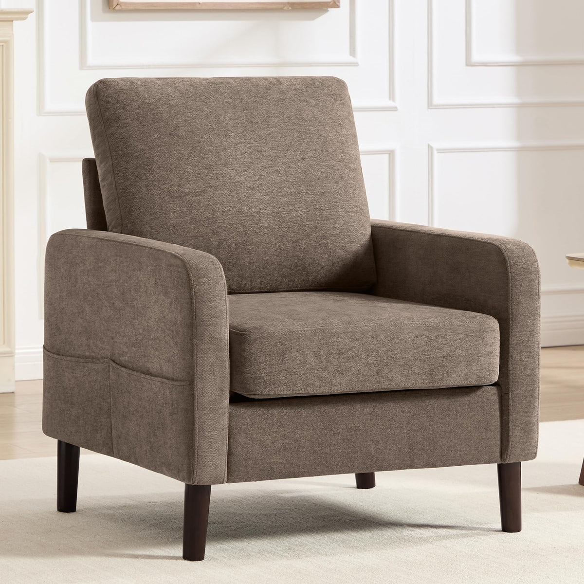 Accent Chair Set of 2, Upholstered Living Room Chairs with Wood Legs and Side Pockets, Modern Reading Chair for Bedroom, Armchair Single Sofa Side Chair for Office, Small Room, Dark Grey
