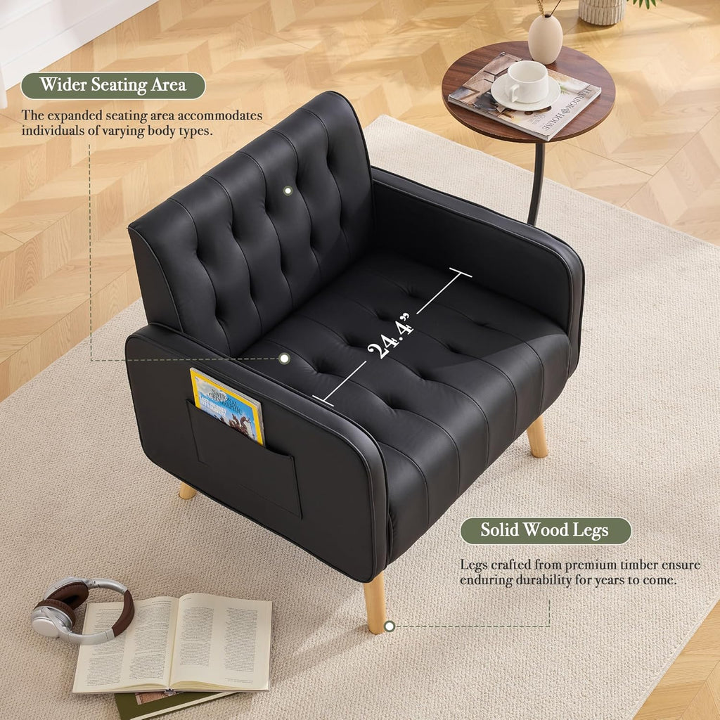 Leather Accent Chair Set of 2, Living Room Chair with Wooden Legs (Black)