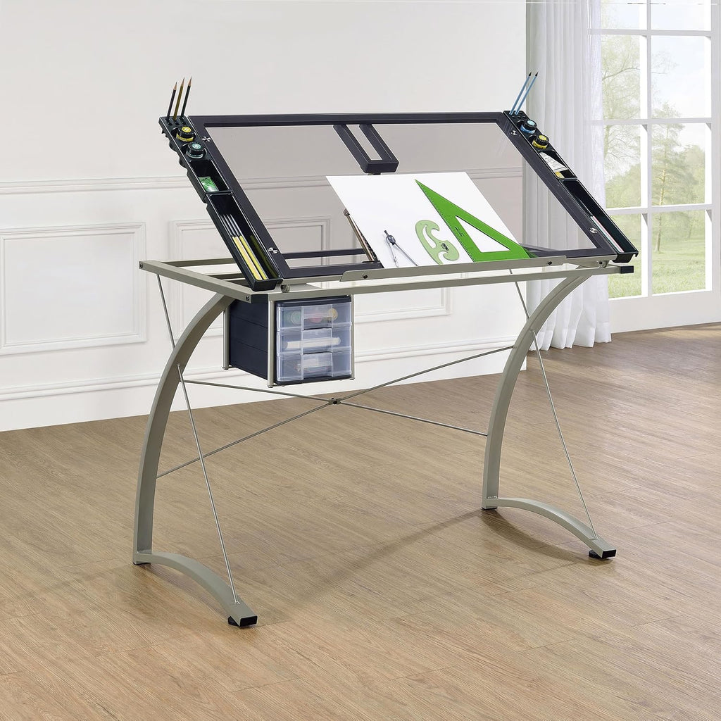 Coaster Home Furnishings - Melo - Metal and Glass - 41-Inch Drafting Table with Adjustable Pitch, Three Drawers, Retractable Pencil Ledge and Storage Compartments - Home Office - Silver - 800986