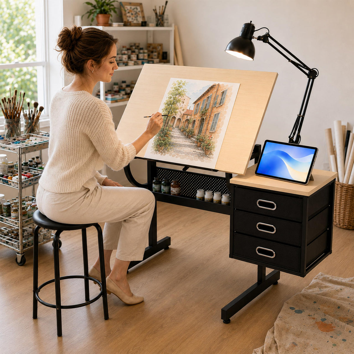Artist Desks, Drafting Table with Stool & 3 Storage Drawersï¼Black
