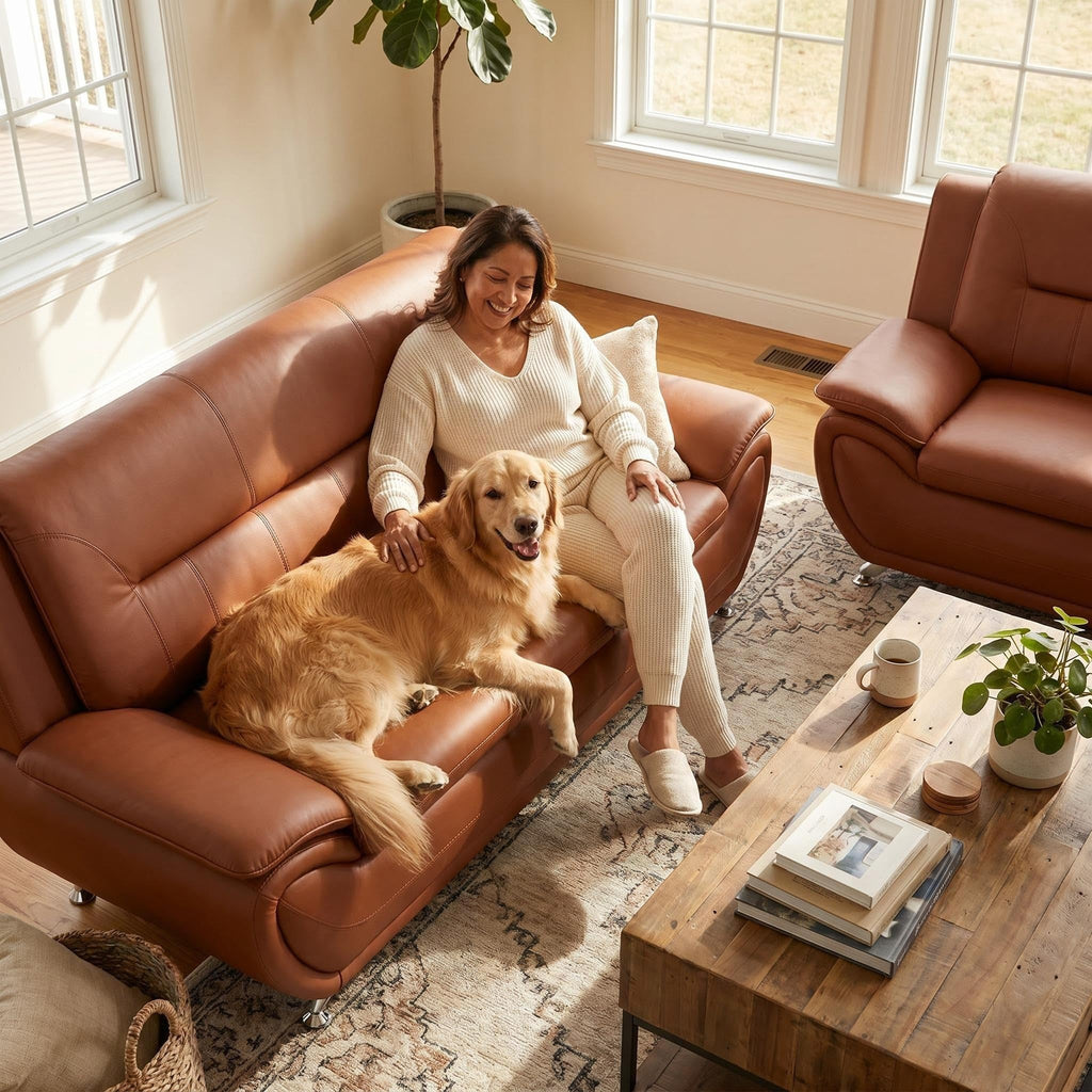 Modern Faux Leather Sofa Set â 3-Piece Living Room Couch with Chrome Legs & Padded Armrests â Includes 1-Seater, 2-Seater & 3-Seater â Contemporary Lounge Furniture for Home & Office (Brown)