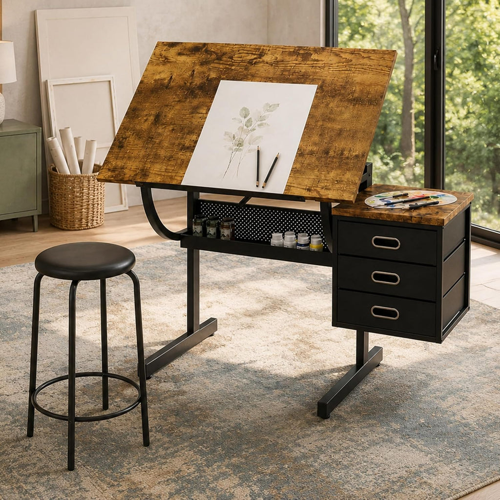 Adjustable Drawing Table with 3 Drawers and Stool, Black