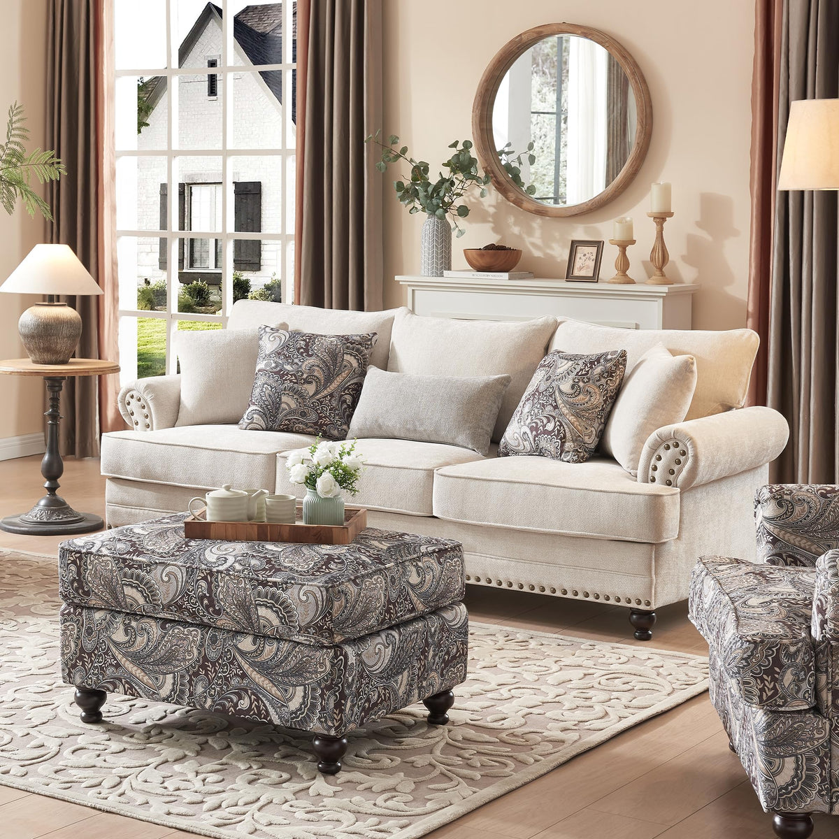 Modern Farmhouse Loveseat Sofa, Chenille Upholstery with Nailhead Trim, Small Couch for Living Room, Bedroom, Office, or Apartment, Includes 4 Accent Pillows