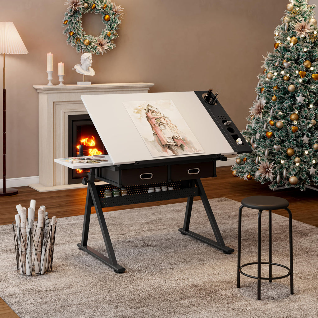 Height Adjustable Drafting Art Table for Adults, White Tempered Glass Drafting Drawing Printing Table Desk with Stool, 0-75Â° Tilting Tabletop Art Drawing Table for Drawing,Hand Crank