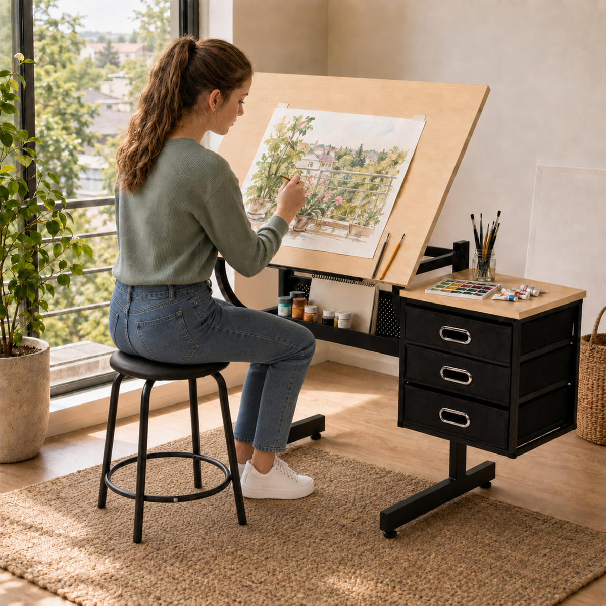 Adjustable Drawing Table with 3 Drawers and Stool, Black