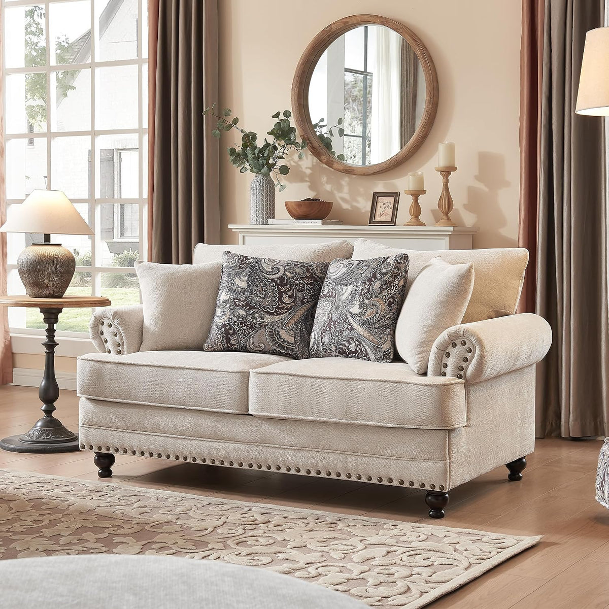 Modern Farmhouse Loveseat Sofa, Chenille Upholstery with Nailhead Trim, Small Couch for Living Room, Bedroom, Office, or Apartment, Includes 4 Accent Pillows