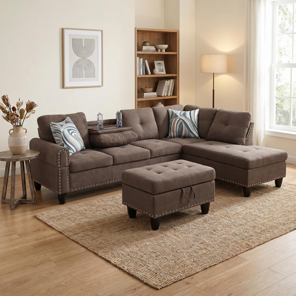 97.5" Leather L Shaped Couch with Left Chaise & Cup Holder, Sectional Sofas Modular Furniture Set with Storage Ottoman, Convertible Couches for Living Room, Office & Small Space (Black)