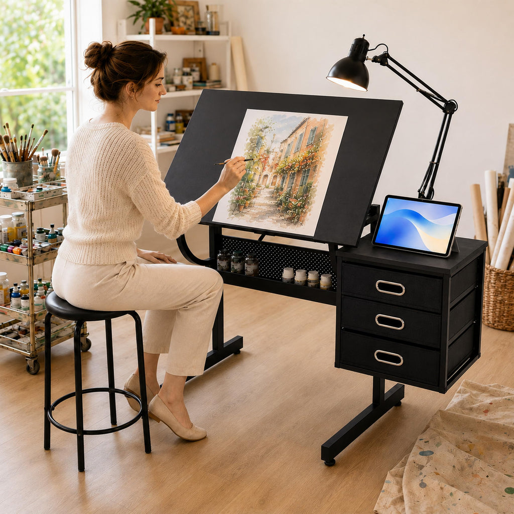 Artist Desks, Drafting Table with Stool & 3 Storage Drawersï¼Black