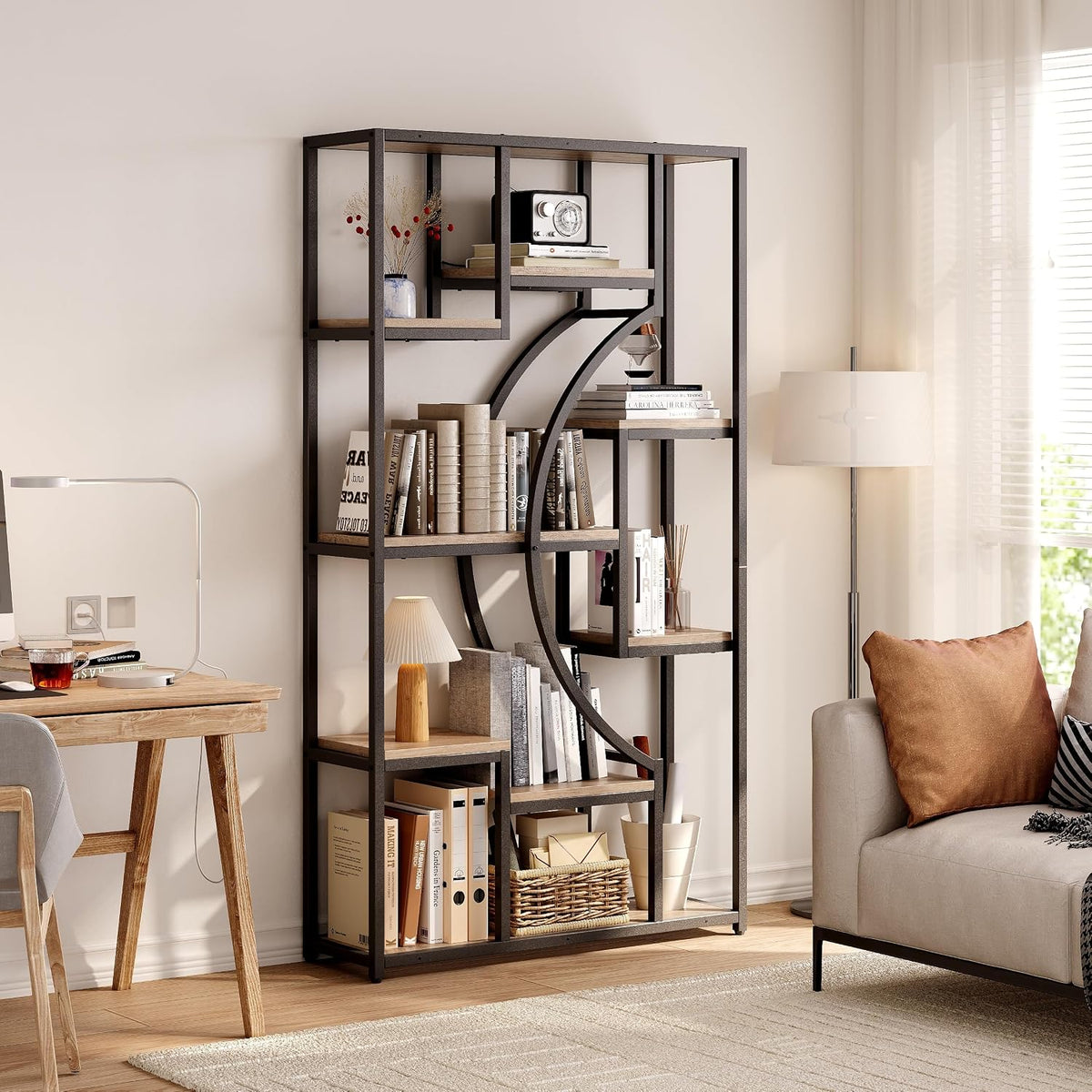 LGHM Industrial 5-Tier Bookshelf with Storage, 70.9 Inch Tall Large Display Bookcase - Modern Metal Standing Shelves for Living Room, Office and Bedroom, Set of 2, Greige
