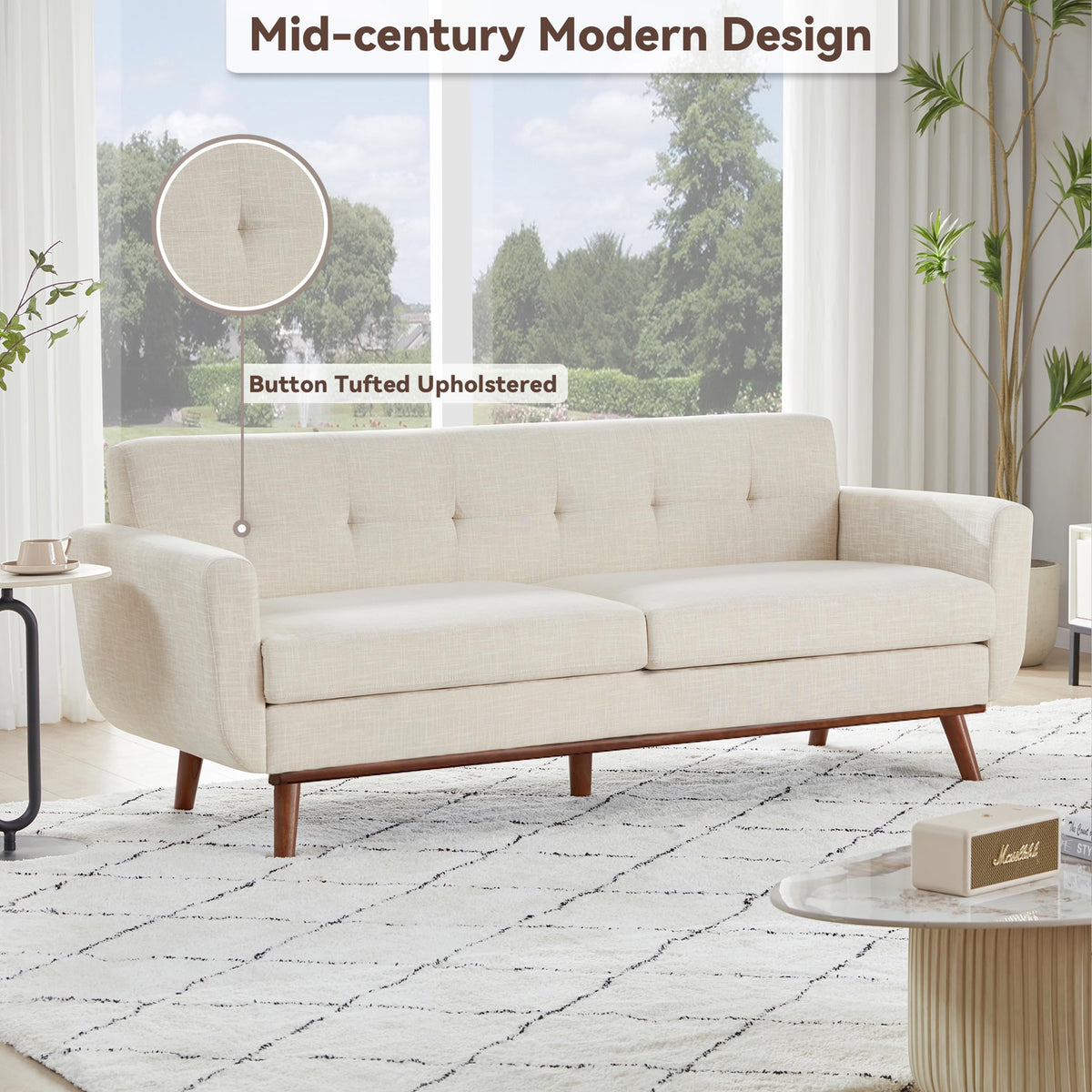 Kingfun 2 Piece Loveseat and Sofa Sets, Mid Century Modern Love Seat Couches for Living Room, Button Tufted Upholstered Furniture, Small Couch for Bedroom, Office, Beige