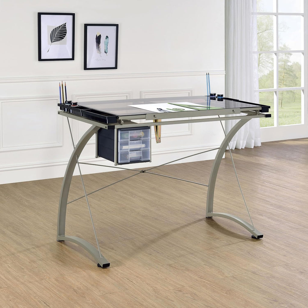 Coaster Home Furnishings - Melo - Metal and Glass - 41-Inch Drafting Table with Adjustable Pitch, Three Drawers, Retractable Pencil Ledge and Storage Compartments - Home Office - Silver - 800986
