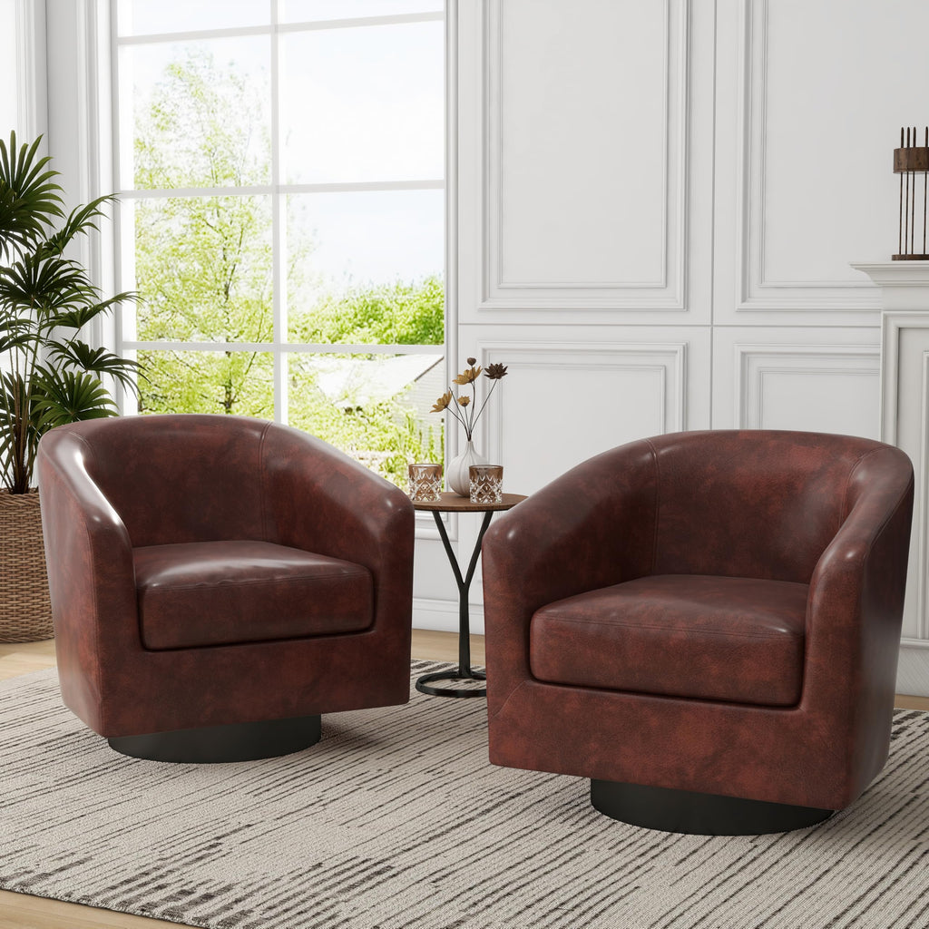 Faux Leather Swivel Accent Chairs Set of 2, Barrel Armchair, Brown