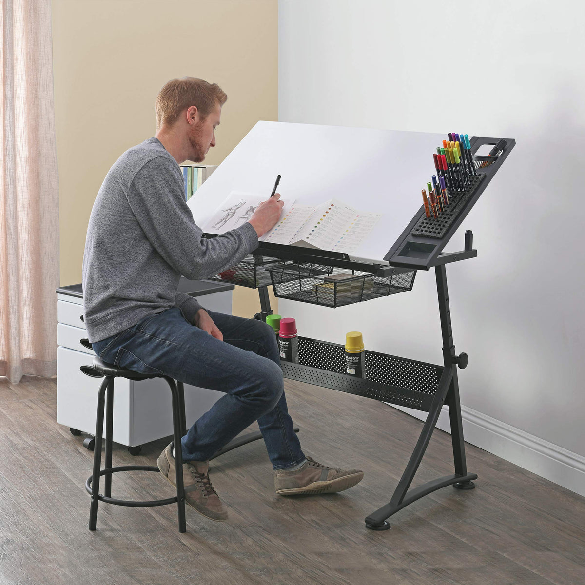 Studio Designs Fusion Drafting Table with Integrated LED Light Pad, Height & Angle Adjustable Tempered Glass Light Table, Artograph Light Pad, Storage Drawers & Side Shelf
