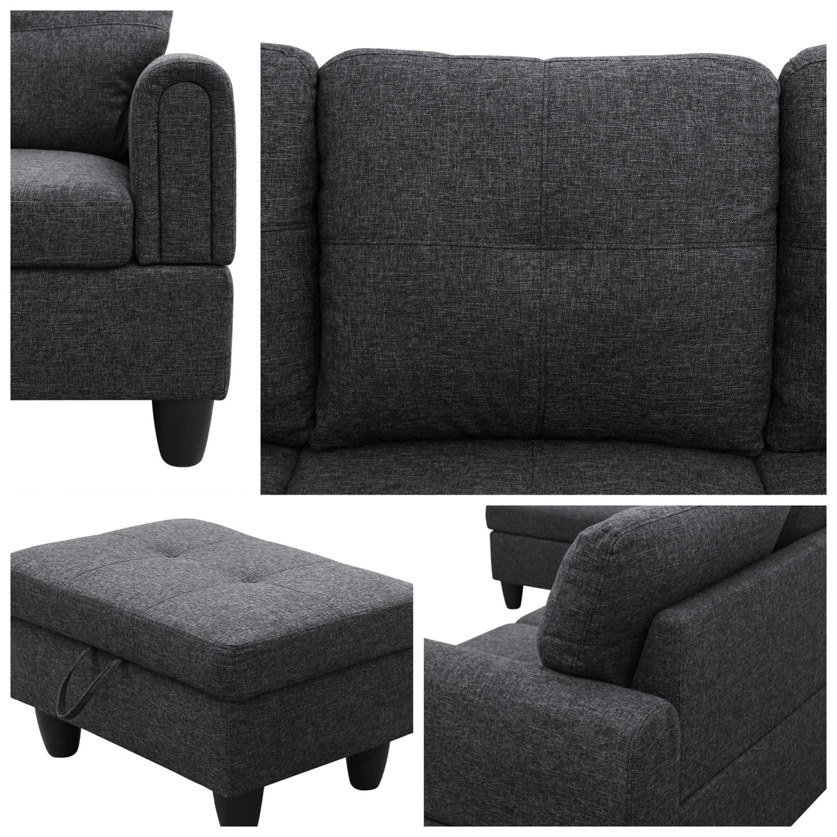 97.5" L-Shaped Modular Sectional Sofa with Movable Chaise & Storage Ottoman, 3 Piece Convertible Leather Couch, 4 Seat Gloss Black Living Room Furniture Set for Apartment Home Office