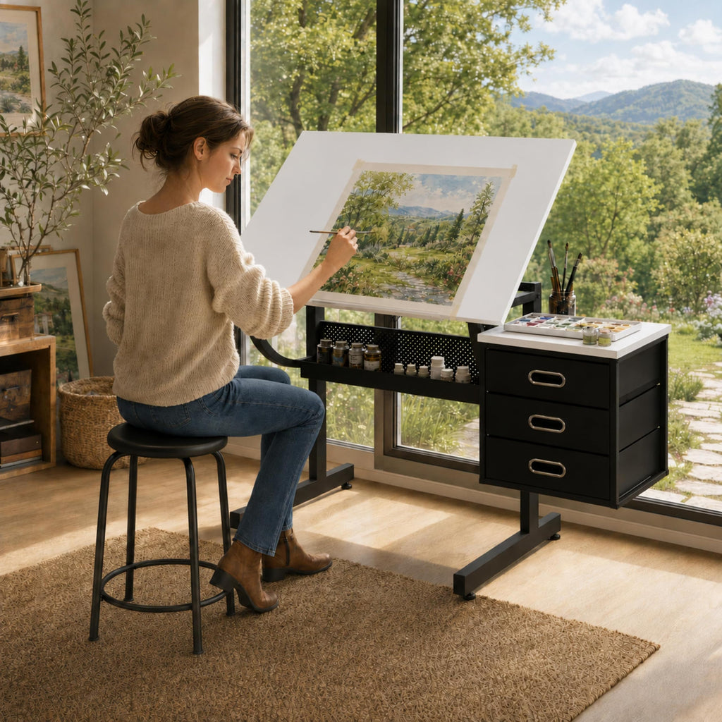 Adjustable Drawing Table with 3 Drawers and Stool, Black