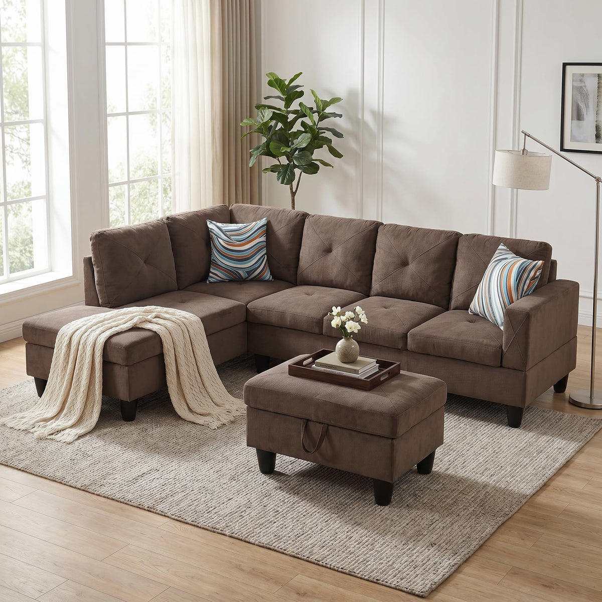 97.5" L-Shaped Modular Sectional Sofa with Movable Chaise & Storage Ottoman, 3 Piece Convertible Leather Couch, 4 Seat Gloss Black Living Room Furniture Set for Apartment Home Office