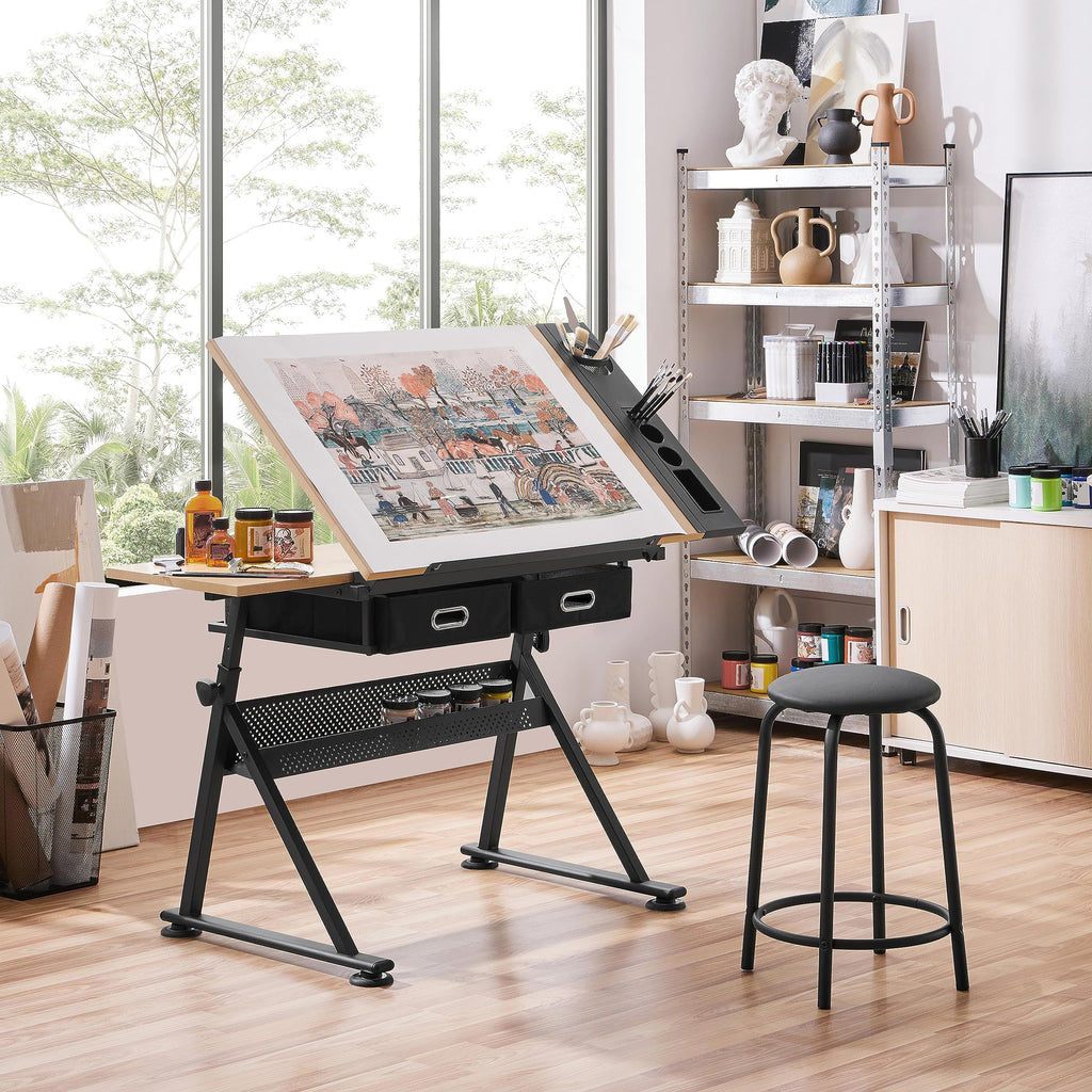 Yaheetech Adjustable Drafting Table Art Desk,Storage Drawers & Stool,White