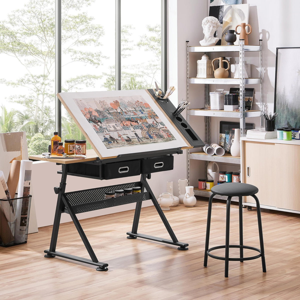 Yaheetech Adjustable Drafting Table Art Desk,Storage Drawers & Stool,White