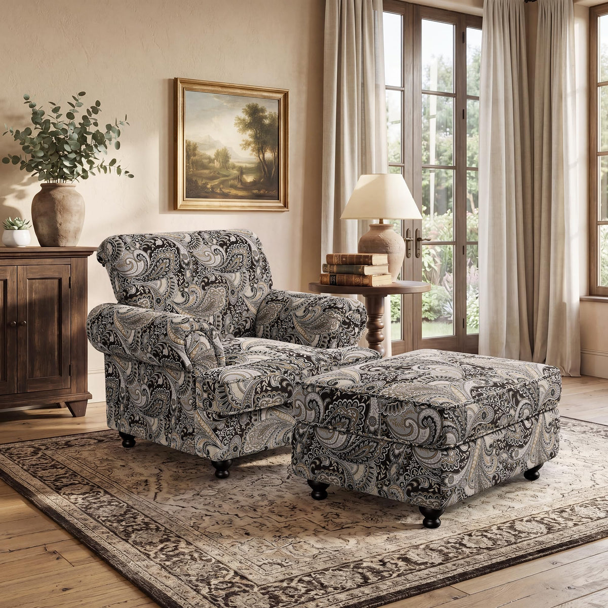 Modern Farmhouse Loveseat Sofa, Chenille Upholstery with Nailhead Trim, Small Couch for Living Room, Bedroom, Office, or Apartment, Includes 4 Accent Pillows