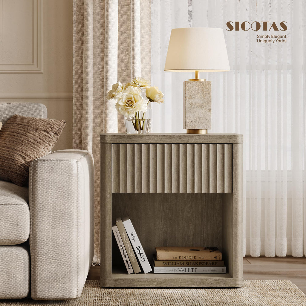 SICOTAS Night Stand Set of 2 Nightstands with Drawer Storage Fluted Bed Side Table End Table Large Modern Wide Bedside Stand Mid Century Night Stands for Bedroom Living Room Sofa Office, White Alder