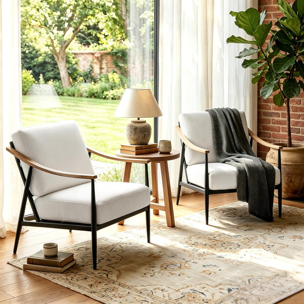 RNKSFX Modern Accent Chairs Set of 2 for Living Room Bedroom Mid Century Arm Chairs Upholstered Office Accent Chairs Comfy Waiting Room Chairs with Metal Frame, Beige