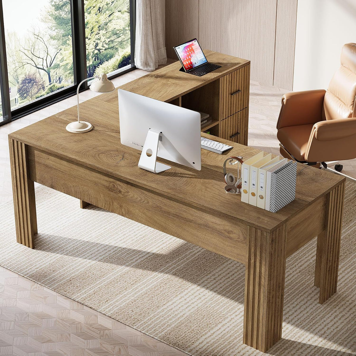 Tribesigns 63" L Shaped Executive Desk with Mobile File Cabinet, Brown