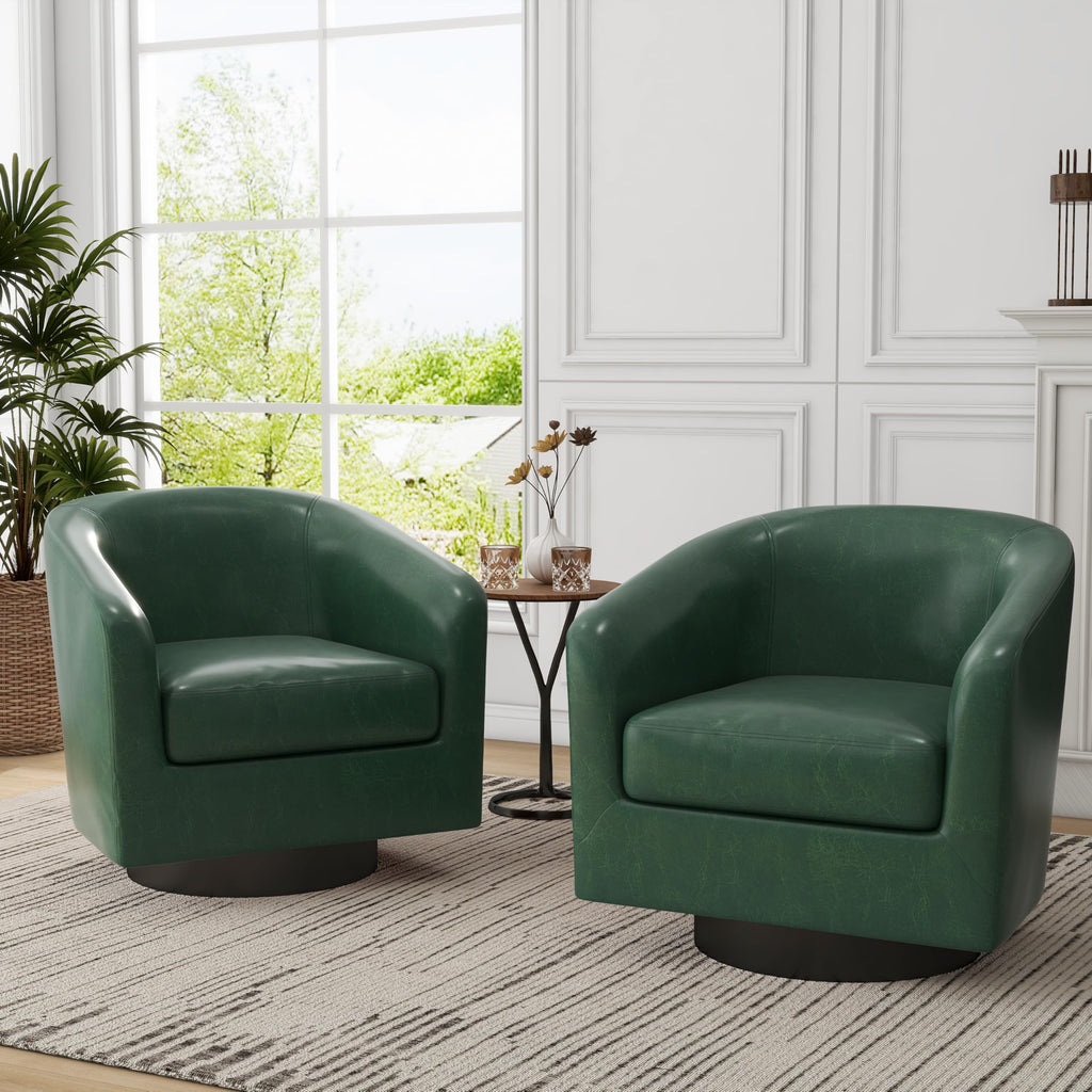 Faux Leather Swivel Accent Chairs Set of 2, Barrel Armchair, Brown